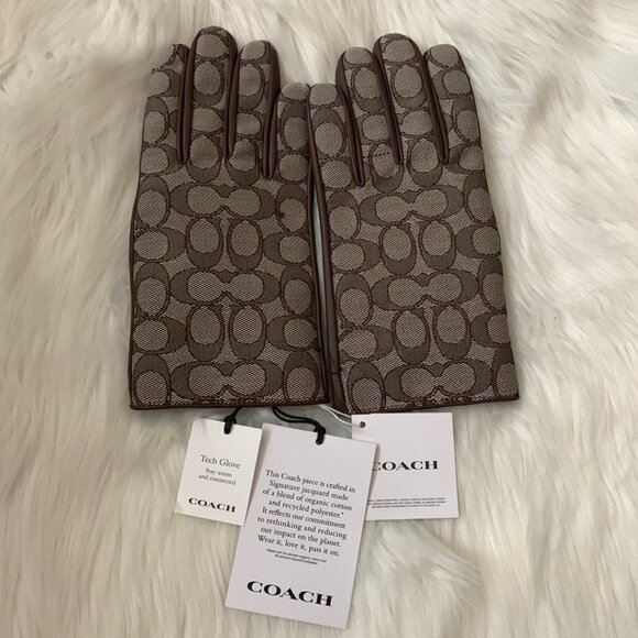 COACH Signature Leather Tech Gloves in Oak Brown SZ 8 - Picture 1 of 5